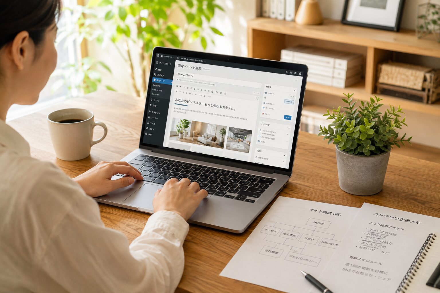 WordPressで更新作業を行なっている女性のイメージ
