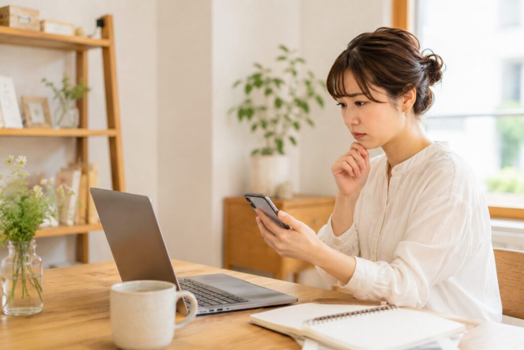 スマホを見ながら考え込んでいる画像