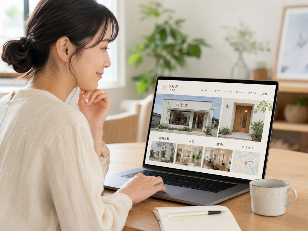 店舗外観や入口の写真があるホームページを閲覧して安心している女性のイメージ