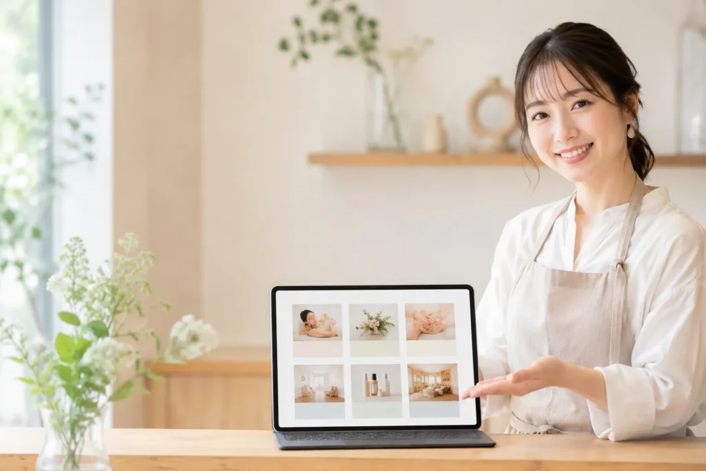 サービスやメニューをホームページで紹介する店舗スタッフ
