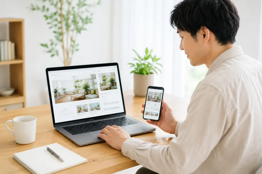 パソコンとスマートフォンでホームページの表示を確認する様子