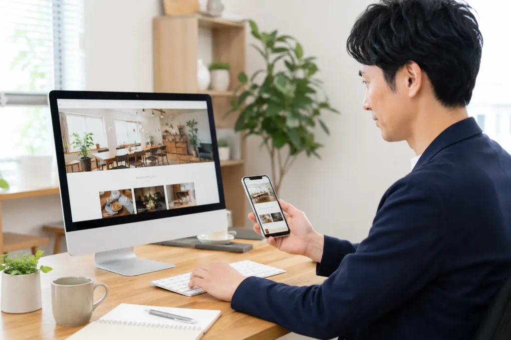 パソコンとスマートフォンでホームページの表示を確認する様子