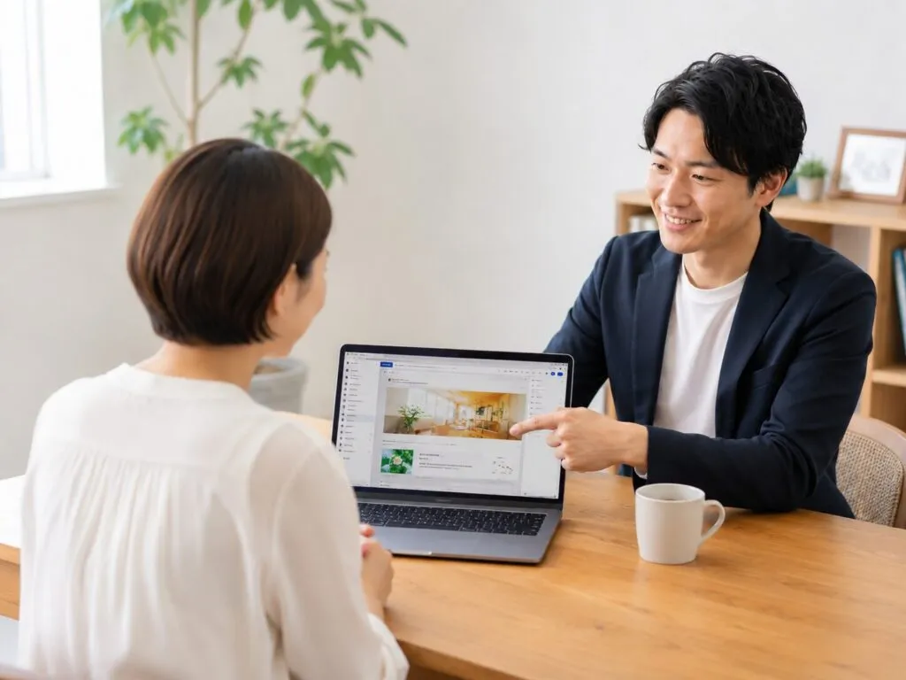 男性のホームページ制作者が、サービスの魅力が伝わるホームページ構成をお客様に提案している様子