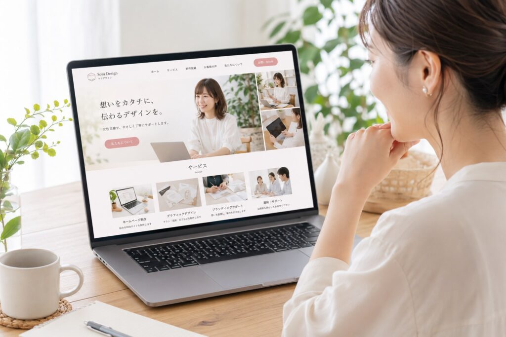 架空のホームページのメインビジュアルにはスタッフの画像が使用されている。それをみている女性のイメージ