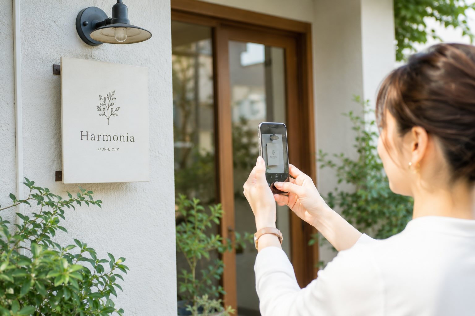 店舗の看板を撮影している女性のイメージ