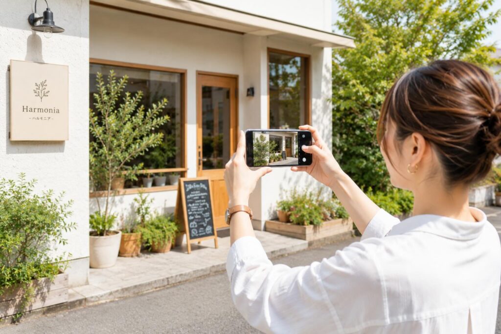 スタッフが店舗の外観を撮影しているイメージ