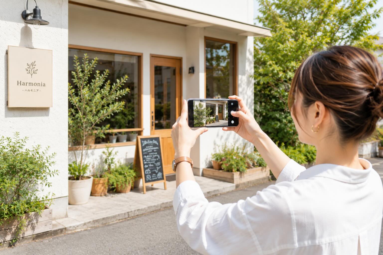 スタッフが店舗の外観を撮影しているイメージ
