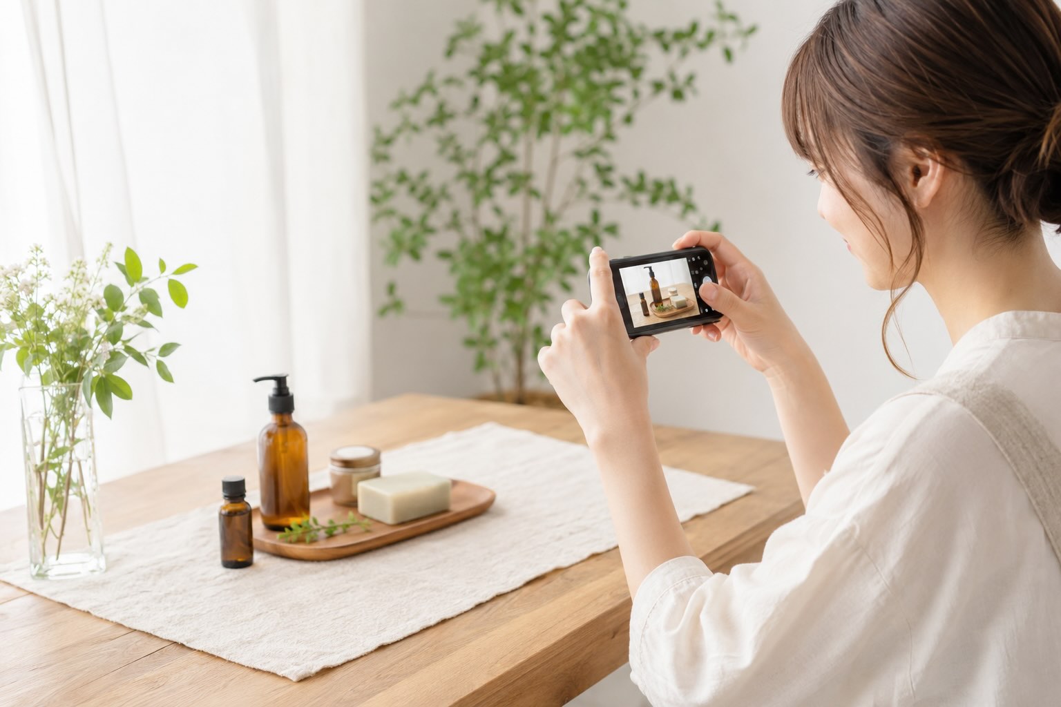 商品の邪魔にならないように商品の周りを整理して撮影している女性のイメージ