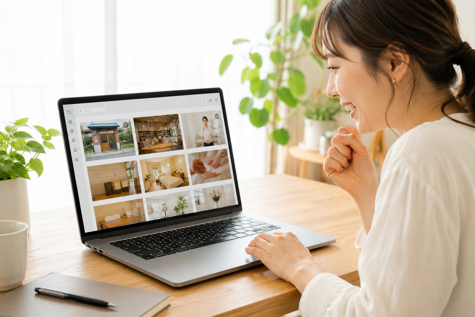 ホームページ制作のために撮影した画像をワクワクしながら選んでいる女性のイメージ