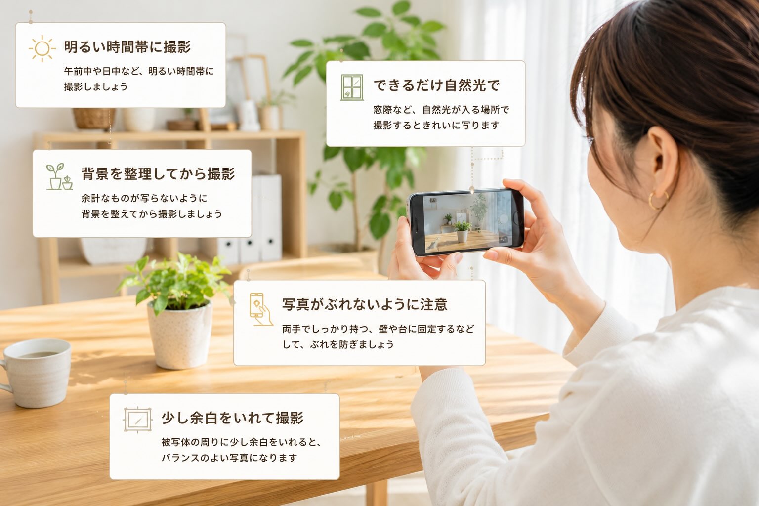スマホで自分で撮影する場合の注意点が記載されたイメージ