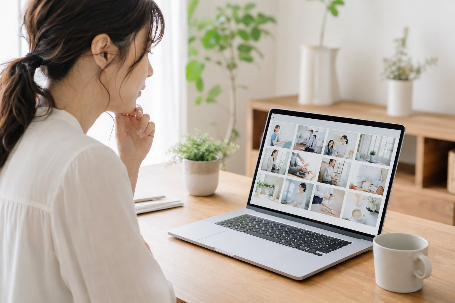 架空の無料画像サイトでホームページのイメージに合う画像を探している女性のイメージ