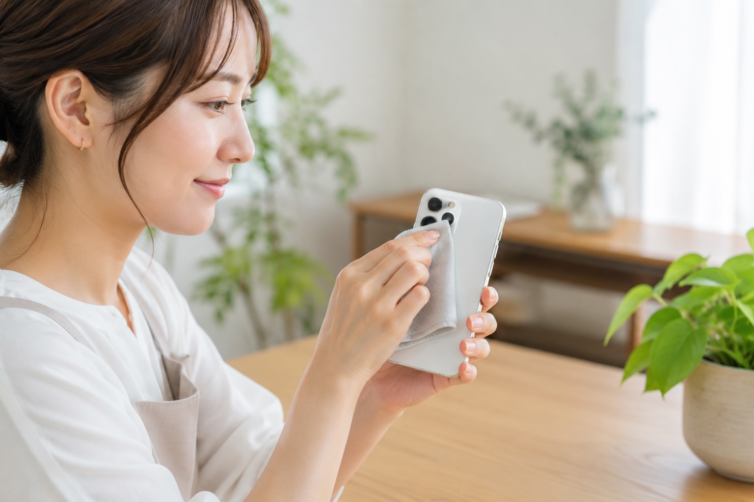 スマートフォンのレンズを柔らかいメガネ用クロスで吹いている女性のイメージ