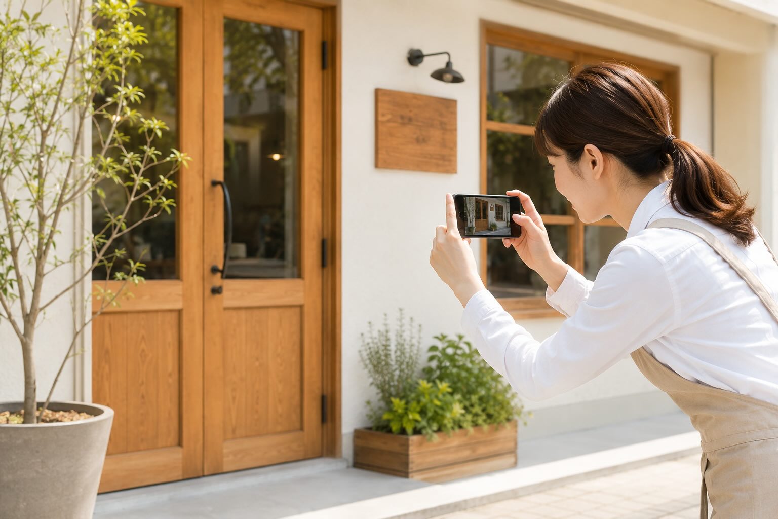 明るい時間帯にスマートフォンで撮影している女性のイメージ