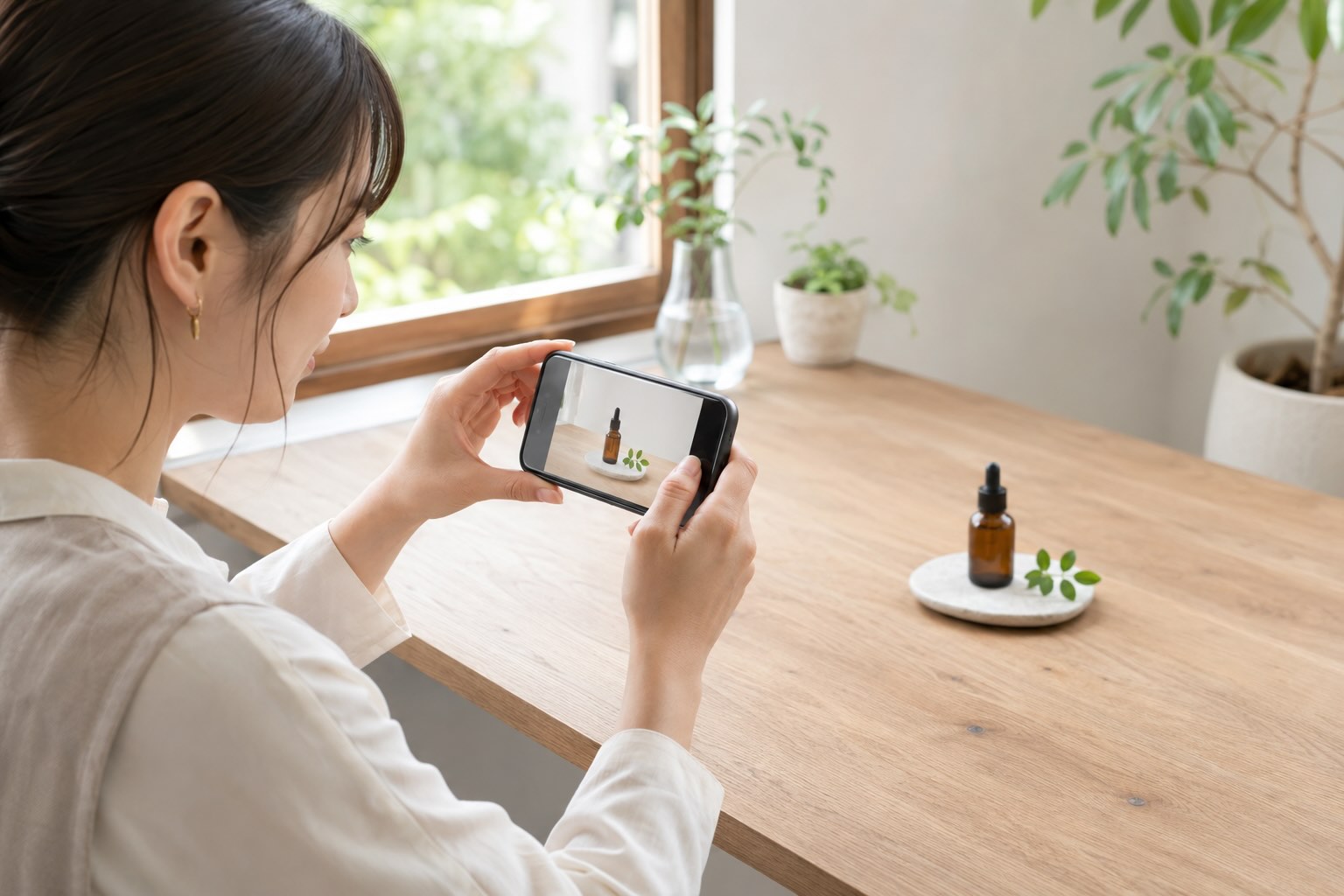 被写体の周りに余白に気をつけながら撮影している女性のイメージ