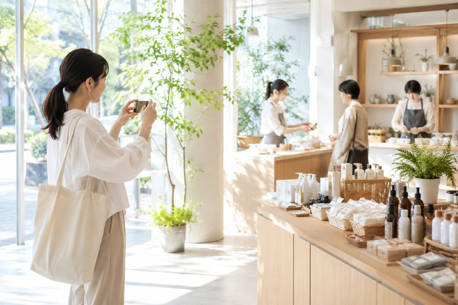 明るい時間帯に店内のスタッフの写真を撮影している女性のイメージ
