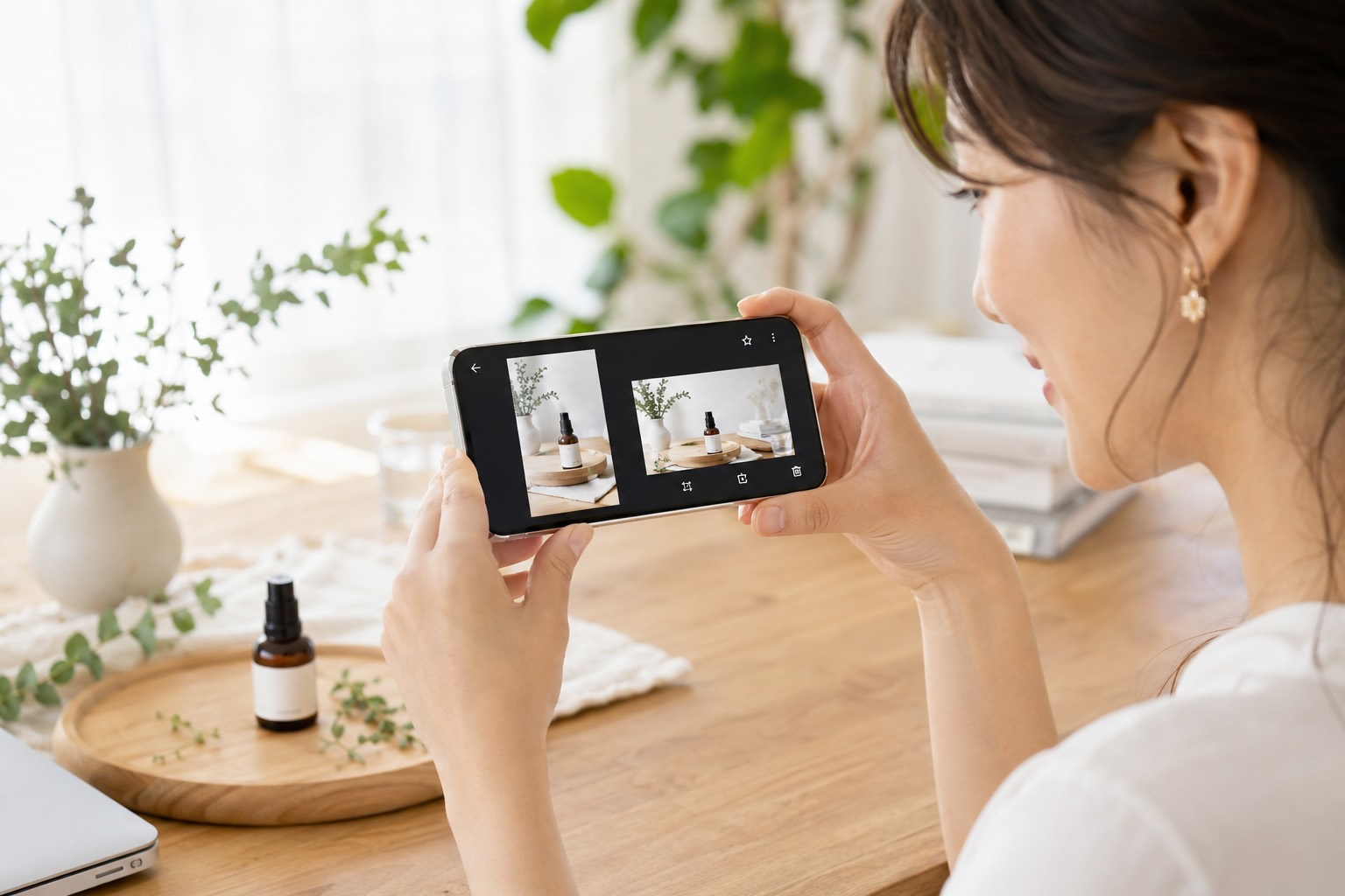 スマートフォンの中に、縦方向と横方向の同じ商品を撮影した画像を確認している女性のイメージ