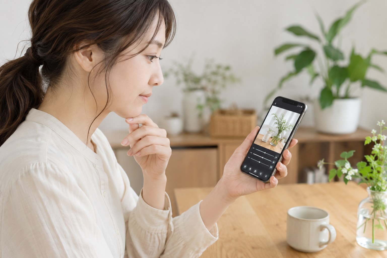 スマートフォンの加工アプリを使って加工する女性のイメージ