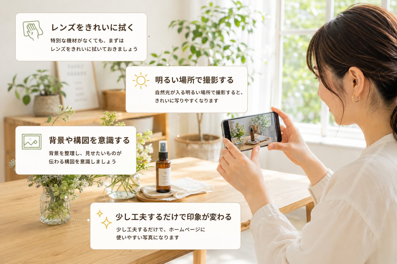特別な機材を用意しなくても、レンズをきれいに拭くことや、明るい場所で撮影すること、背景や構図を意識することなど、少し工夫するだけで写真の印象は大きく変わる。撮影ポイントが記載されてい女性のイメージ