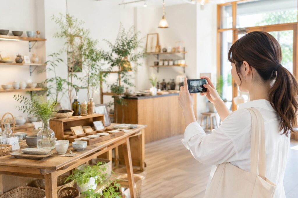 店舗内を撮影している女性のイメージ