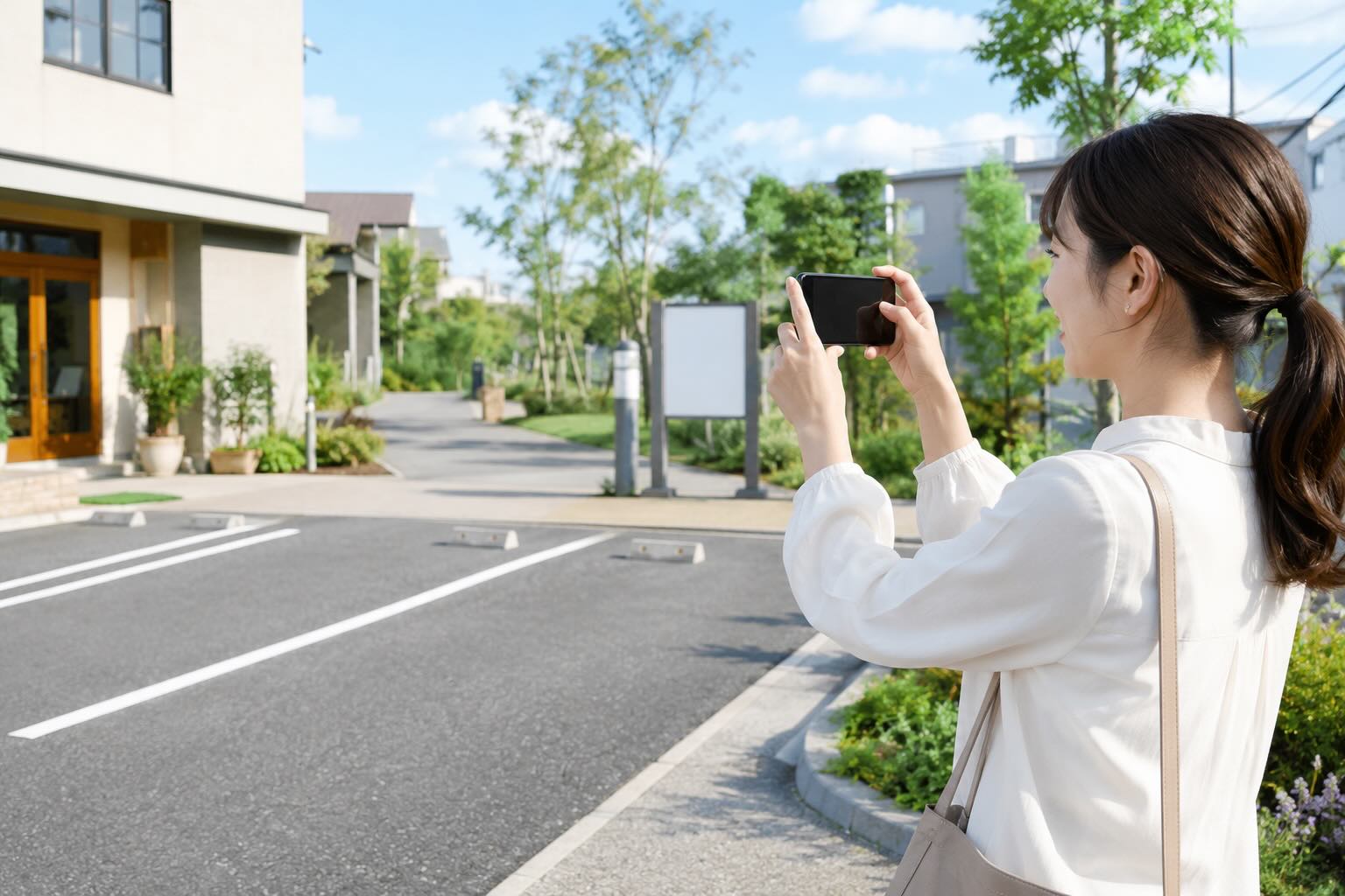 駐車場の場所を撮影している女性のイメージ