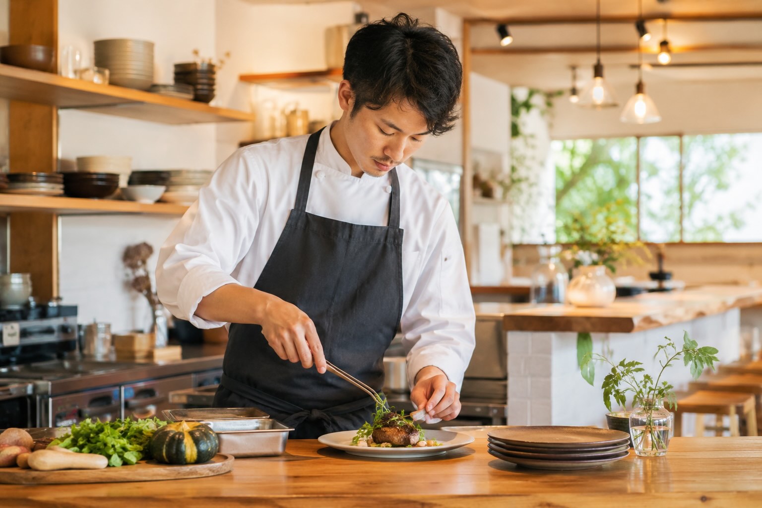 料理人が盛り付けをしているイメージ