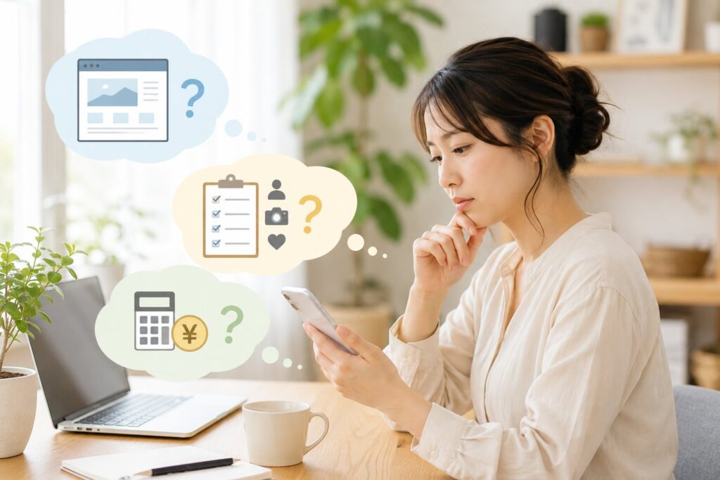 どのような人が対応してくれるのか」「実績はあるのか」「料金はどのくらいか」など、不安を感じている女性のイメージ