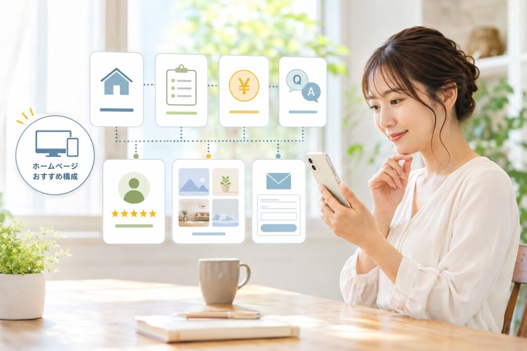 女性がスマートフォンをみながら、ホームページのおすすめは、トップページ、サービス内容、料金、よくある質問、お客様の声、制作実績、お問い合わせなど。が記載しているイメージ画像