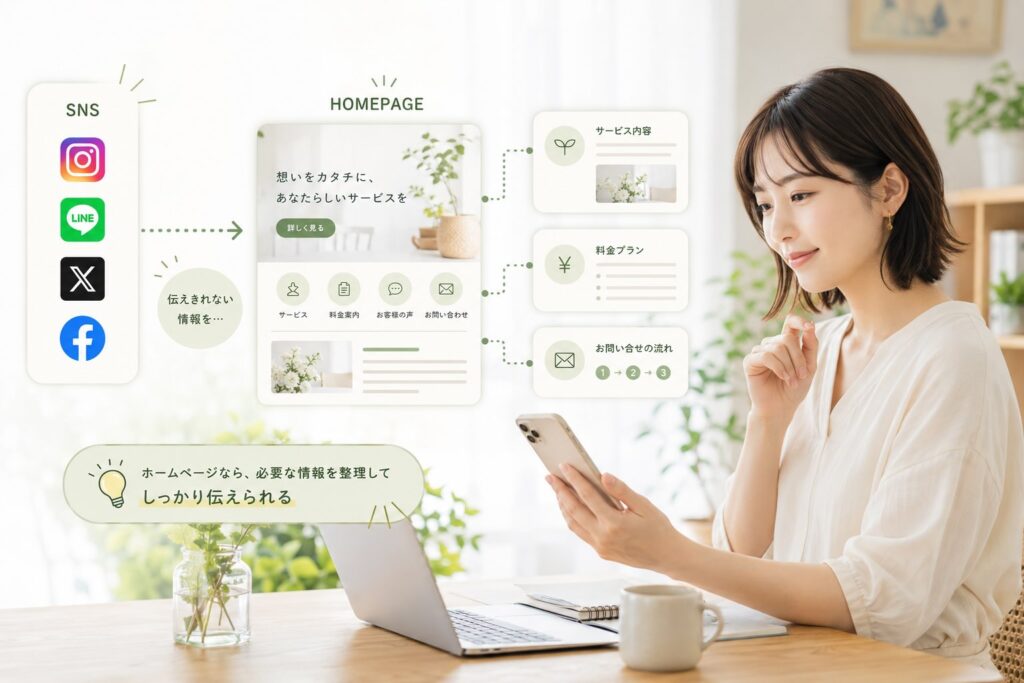 ホームページがあれば、SNSで興味を持ってくれた方をホームページへ案内し、サービス内容や料金、お問い合わせまでの流れを詳しく見てもらうことができます。のイメージ画像