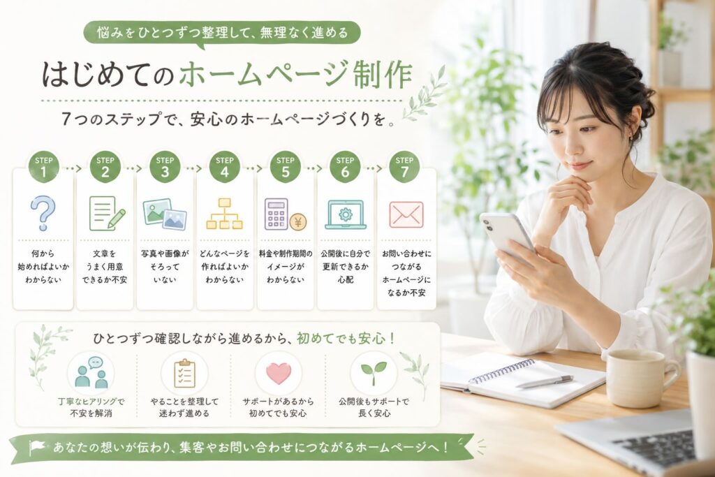 はじめてのホームページ制作の不安を解消するイメージ画像