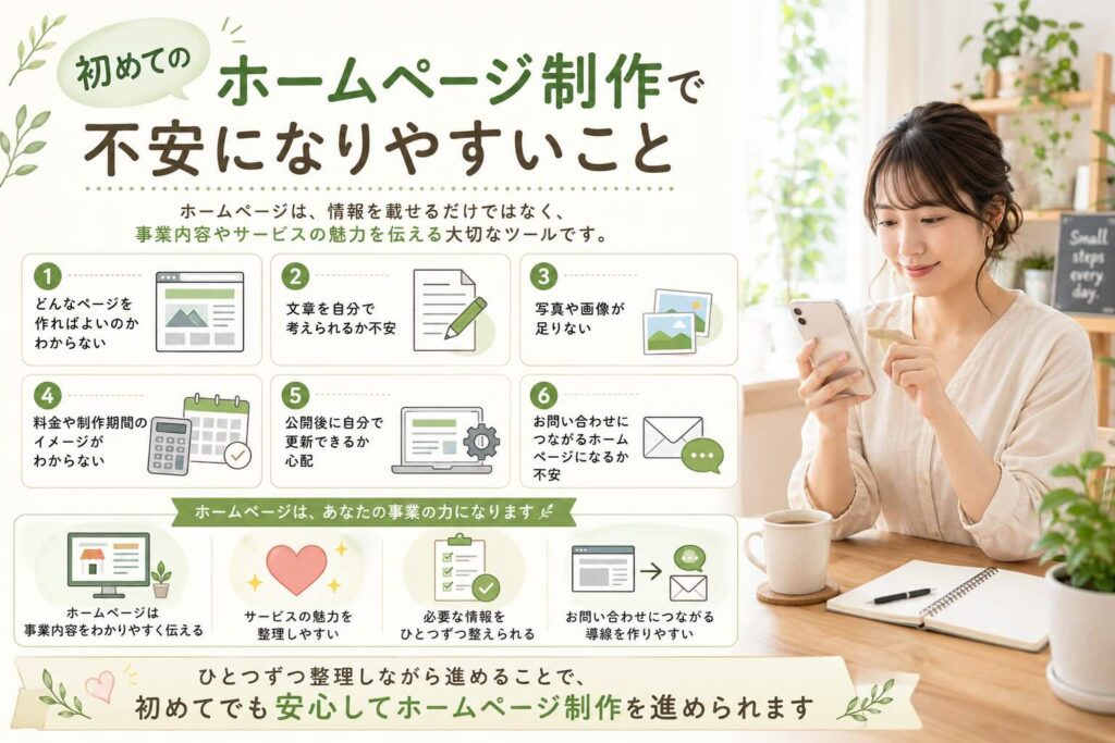 ホームページを作りたいけれど、「どんなページを作ればよいのかわからない」 「文章を自分で考えられるか不安」 「写真や画像が足りない」 「料金や制作期間のイメージがわからない」 「公開後に自分で更新できるか心配」 「お問い合わせにつながるホームページになるか不安」 ホームページは、ただ情報を掲載するだけではなく、事業内容やサービスの魅力をわかりやすく伝えるためのものです。