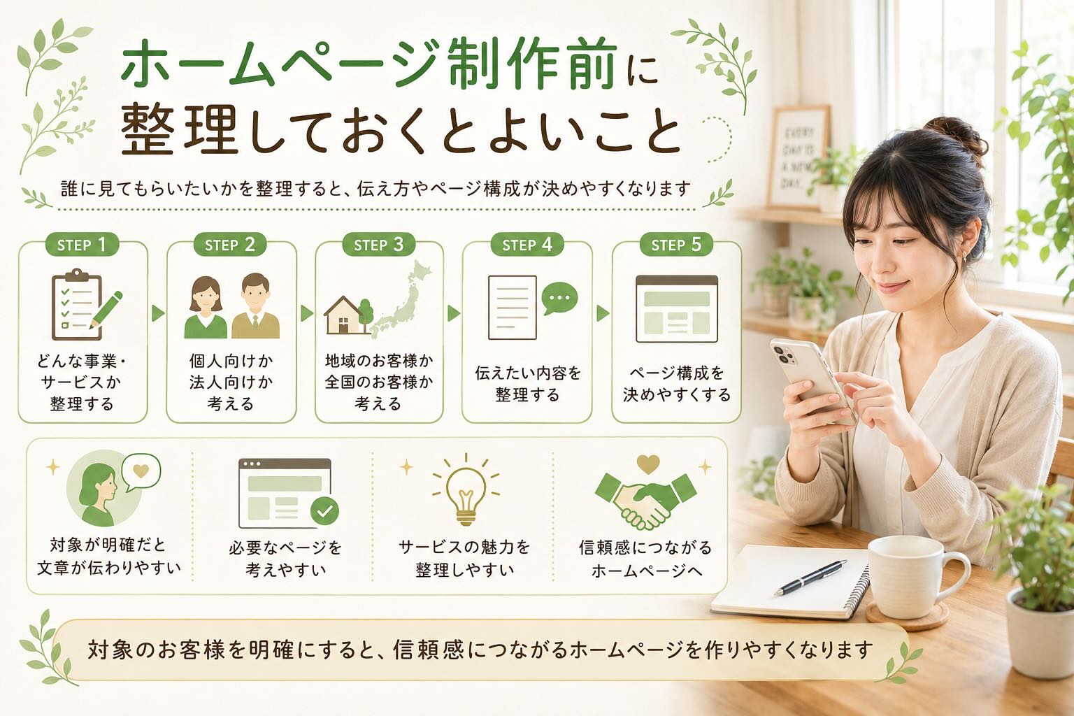 ホームページ制作前に整理しておくと良いこと。誰に見てもらいたか整理すると、伝え方やページ校正が決めやすくなります。
