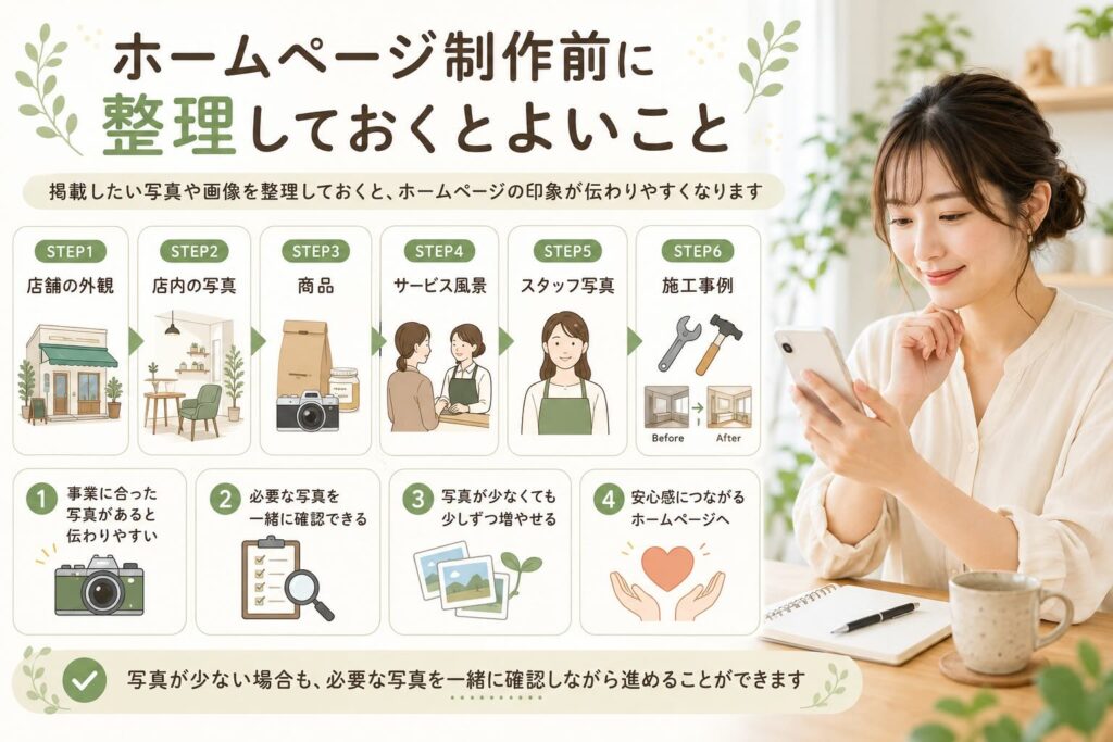 店舗の外観、店内、商品、サービス風景、スタッフ写真、施工事例など、事業に合った写真を整理しておくと、ホームページの印象が伝わりやすくなります。 写真が少ない場合も、必要な写真を一緒に確認しながら進めることができます。