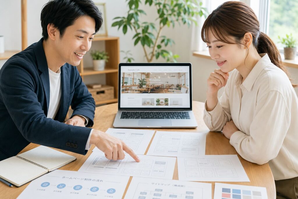 はじめてホームページを制作する場合に、適切な説明とアドバイスしている男性のイメージ