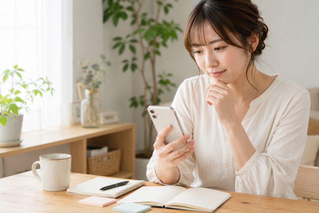 初めてホームページを制作する場合なので、個人のお客様向けなのか、法人向けなのか。 地域のお客様に来てほしいのか、全国から相談を受けたいのか。と考えている女性の表情。