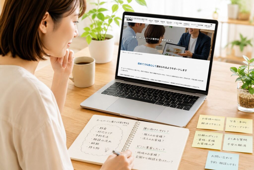 女性がpcを確認しながら、料金、対応エリア、予約方法、相談の流れ、納期、持ち物など、事前に知りたい情報を掲載する方がいい。とメモをとっているシーン