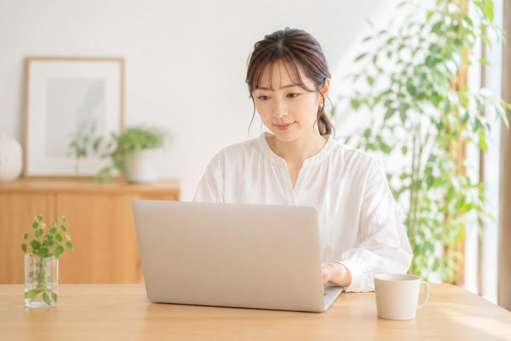 女性が、どのような方にホームページを見てもらいたいのかも大切なので、個人のお客様向けなのか、法人向けなのか。 地域のお客様に来てほしいのか、全国から相談を受けたいのか。ホームページ制作前に整理しているシーン。
